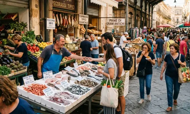 Un vivace mercato all'aperto nel Salento, con bancarelle piene di pesce fresco, verdura e pane. La gente fa acquisti e interagisce con i venditori.
