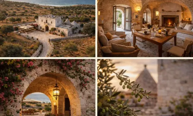 Collage of Salento, Italy: white masseria, cozy interior, stone archway with flowers, and olive branch.