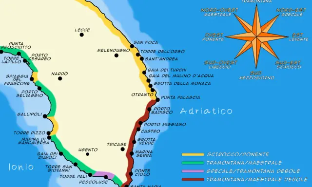 Mappa del Salento: da Torre Lapillo a Santa Maria di Leuca, passando per Gallipoli, Otranto e Castro. Marina di Pescoluse si trova sulla costa ionica, a sud di Torre Pali.