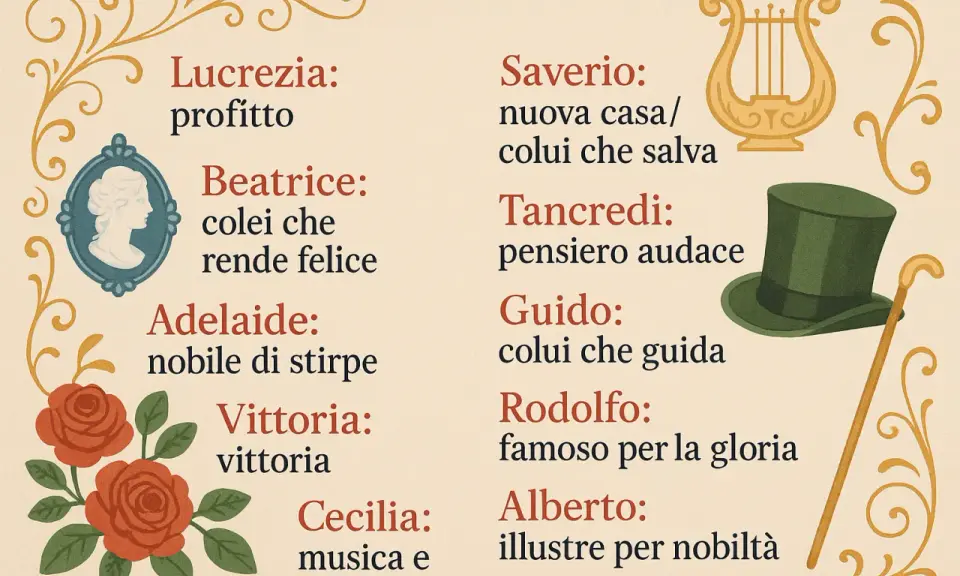 Nomi pugliesi antichi e i loro significati: Lucrezia, Beatrice, Adelaide, Vittoria, Saverio, Tancredi, Guido, Rodolfo, Alberto, Cecilia.