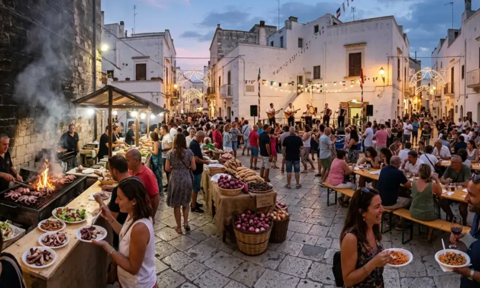 Festa in piazza con musica dal vivo e stand gastronomici, un'atmosfera vibrante che celebra gli eventi Salento.