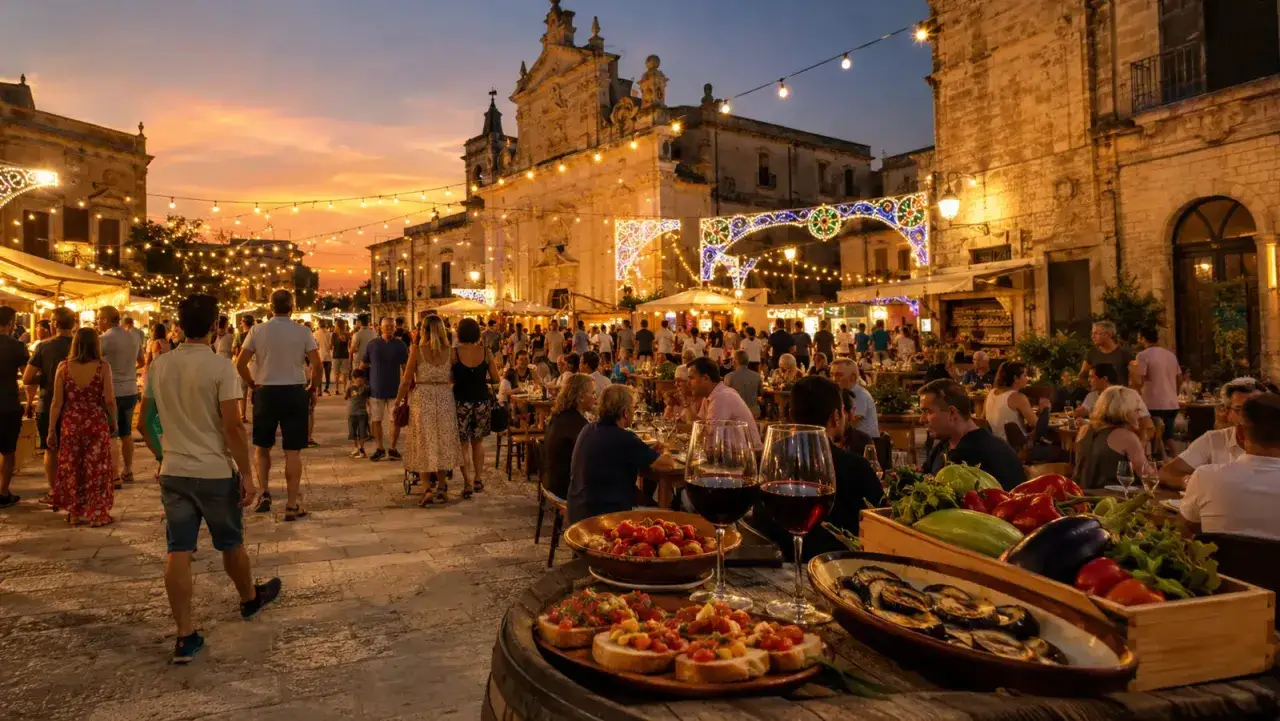 Serata di festa con sagre nel Salento: gente passeggia tra bancarelle e tavoli all'aperto, con luci soffuse e un tramonto suggestivo.