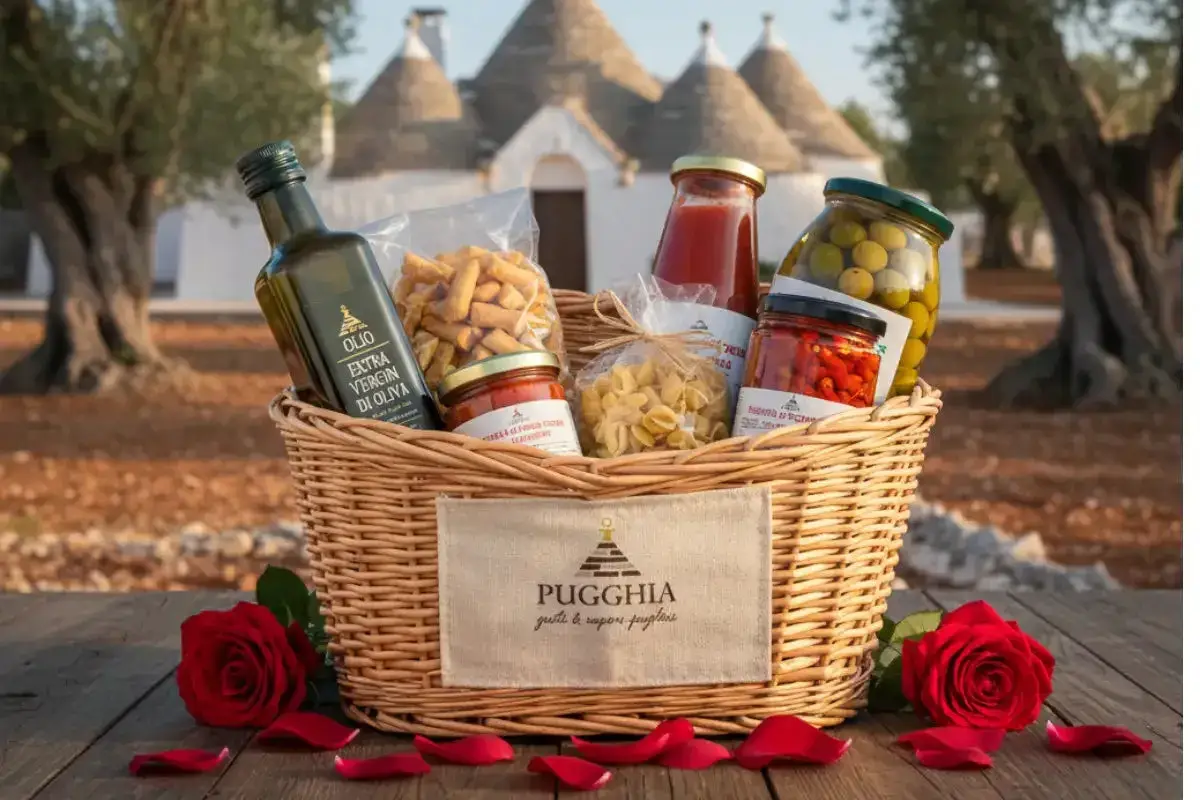 Cesto con prodotti tipici pugliesi: olio, pasta, sughi, olive e peperoncini, con rose rosse e trulli sullo sfondo.