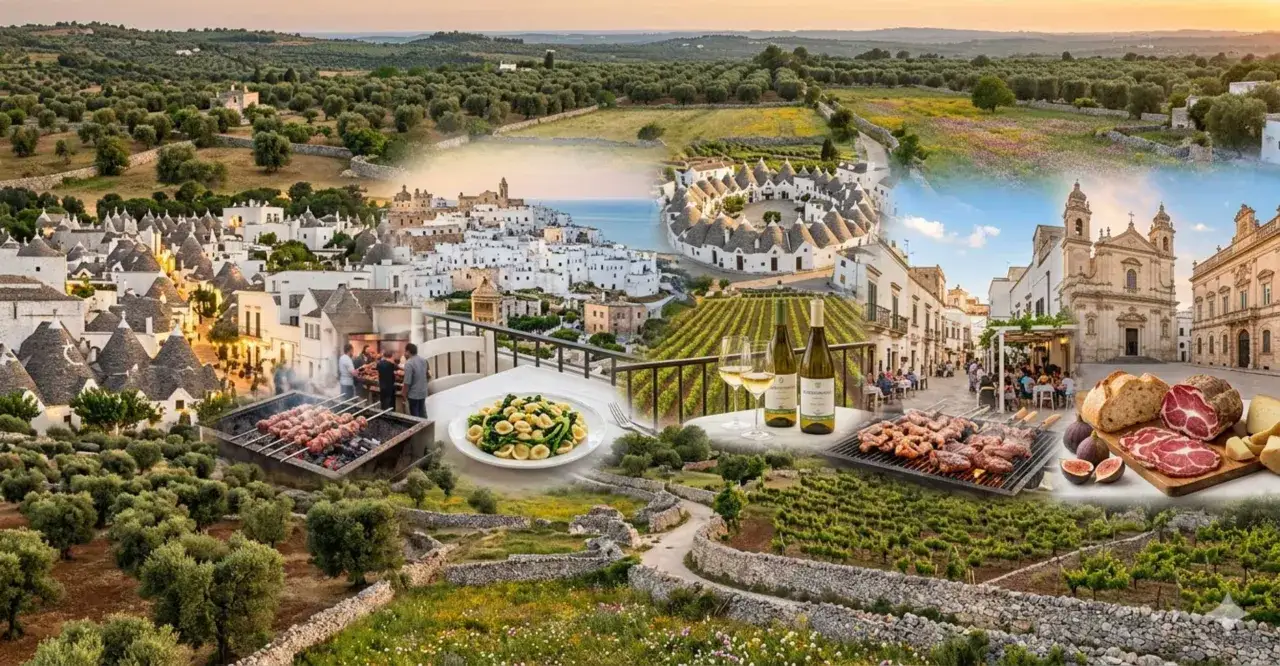 Un collage che celebra le meraviglie del Salento: trulli, uliveti, borghi bianchi sul mare, vigneti, grigliate e sapori autentici.