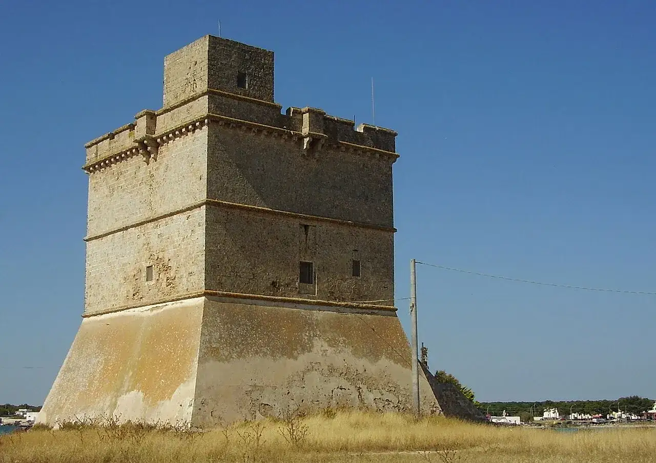 Antica torre mozza in pietra, con merlature e un corpo superiore più stretto, si erge su un terreno incolto sotto un cielo azzurro.