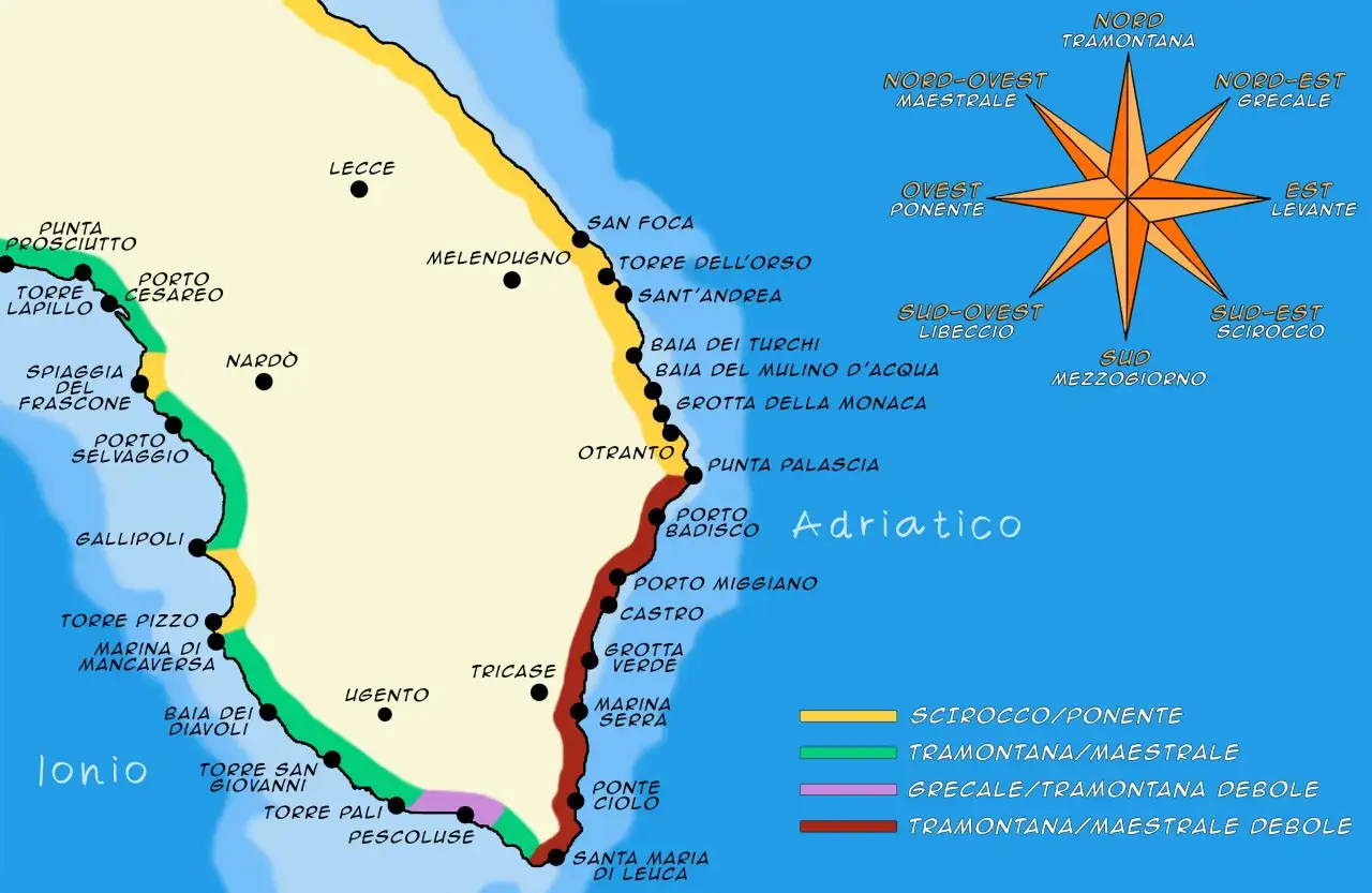 Mappa del Salento, con Ugento situata tra Gallipoli e Santa Maria di Leuca, lungo la costa ionica.