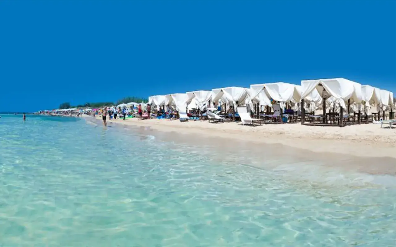 Spiaggia di sabbia bianca e mare cristallino a Marina di Salve, con file di gazebo bianchi e persone che si godono il sole.