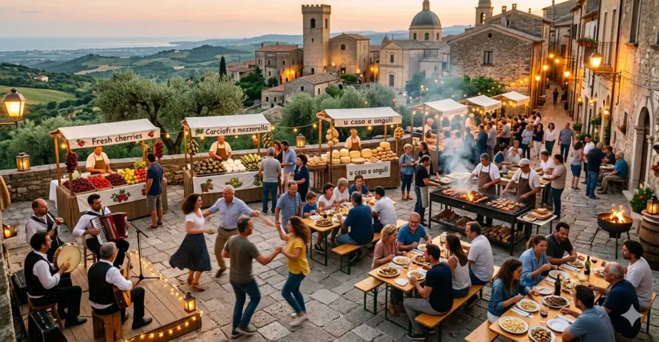 Festa di paese con musica, balli e bancarelle di prodotti locali. Un assaggio di che feste ci sono a maggio in un borgo italiano.