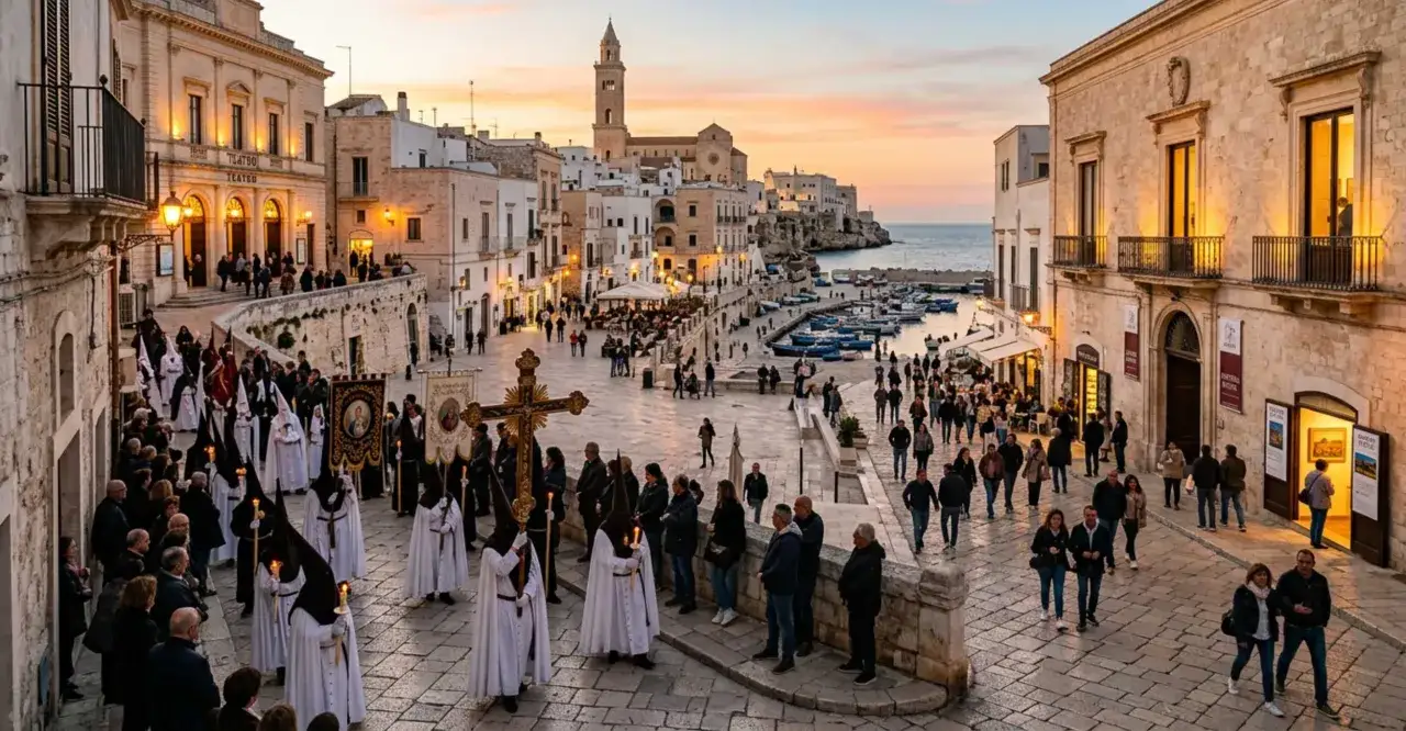 Processione religiosa in una piazza sul mare al tramonto, con gente vestita di bianco e nero. Ricorda le feste che ci sono ad aprile.