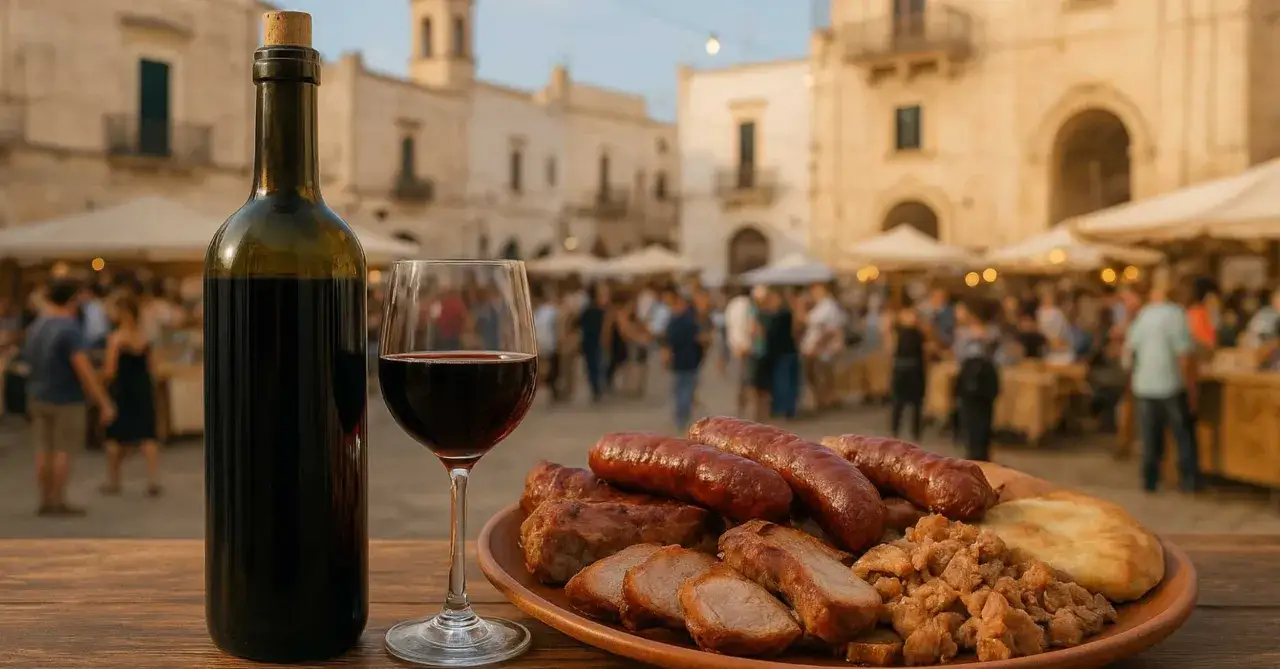 Un bicchiere di vino rosso e un piatto di salsicce e carne, perfetti per le feste di settembre in piazza.
