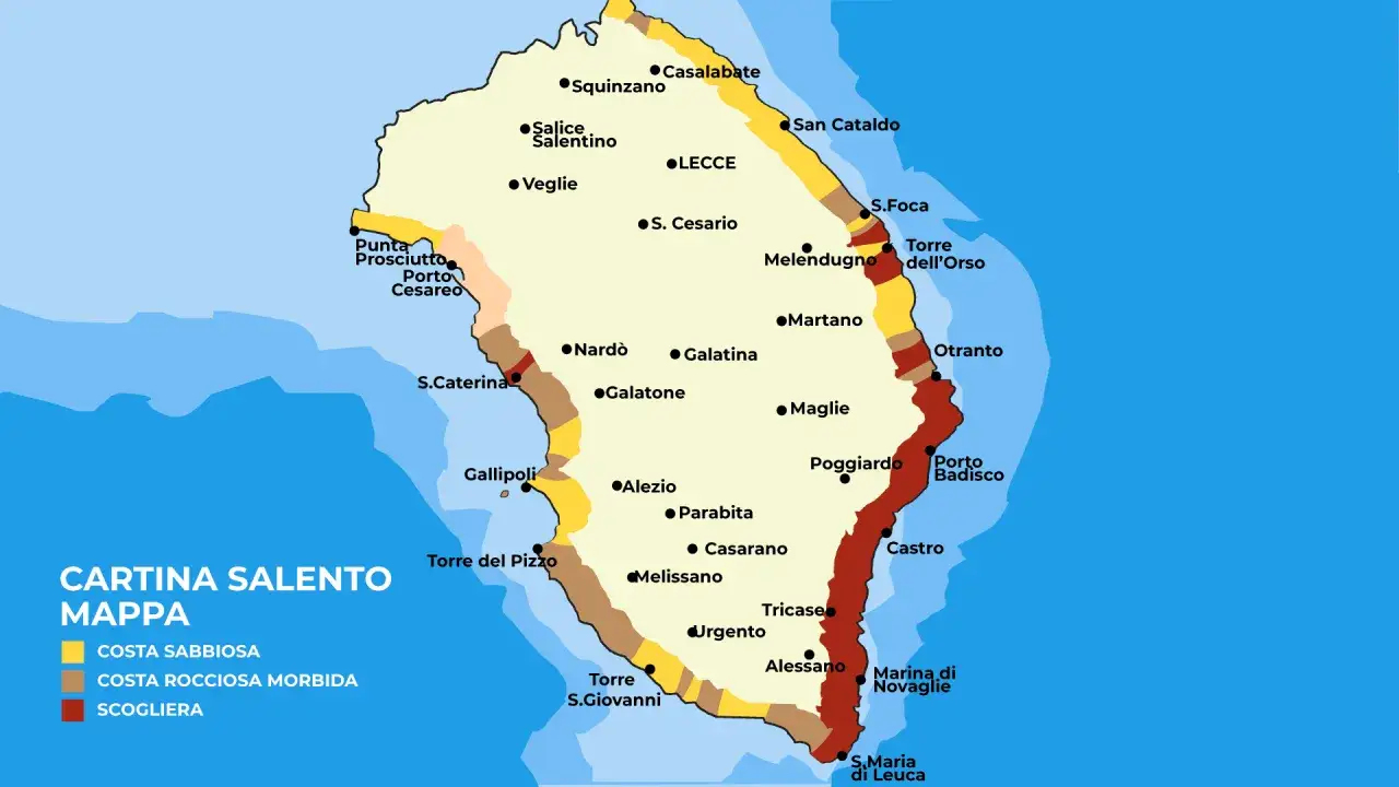 Mappa del Salento che indica le coste sabbiose, rocciose e scogliere. Urgento si trova nella parte meridionale della penisola salentina.