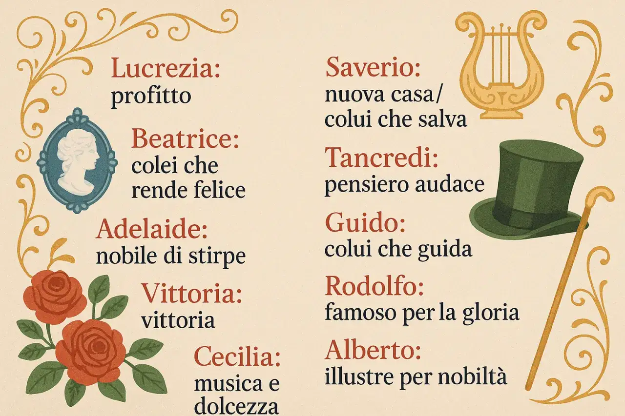 Nomi pugliesi antichi e i loro significati: Lucrezia (profitto), Beatrice (colei che rende felice), Adelaide (nobile di stirpe), Vittoria (vittoria), Saverio (colui che salva), Tancredi (pensiero audace), Guido (colui che guida), Rodolfo (famoso per la...