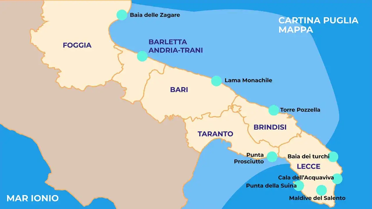 Mappa che mostra dove si trova la Puglia, con le sue province e localit&agrave; turistiche come Foggia, Bari, Lecce e le coste sul Mar Ionio.