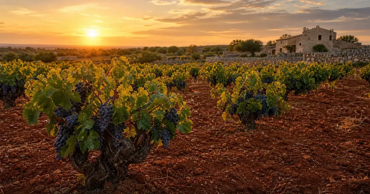Vigneti pugliesi al tramonto, con grappoli d'uva matura che promettono eccellenti vini.