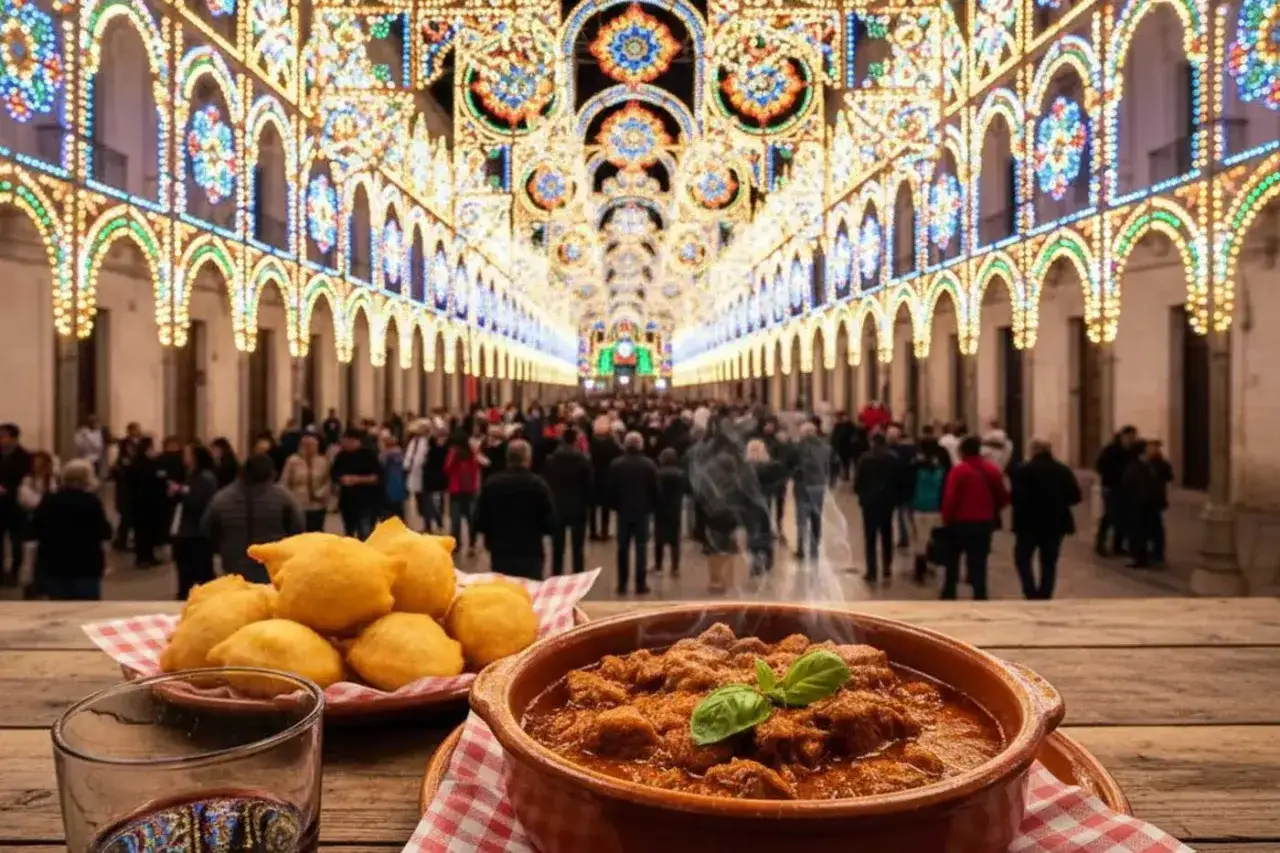 Un vicolo illuminato da luci colorate, con gente che passeggia. In primo piano, un piatto di carne in umido e frittelle, perfetti per le prossime feste.