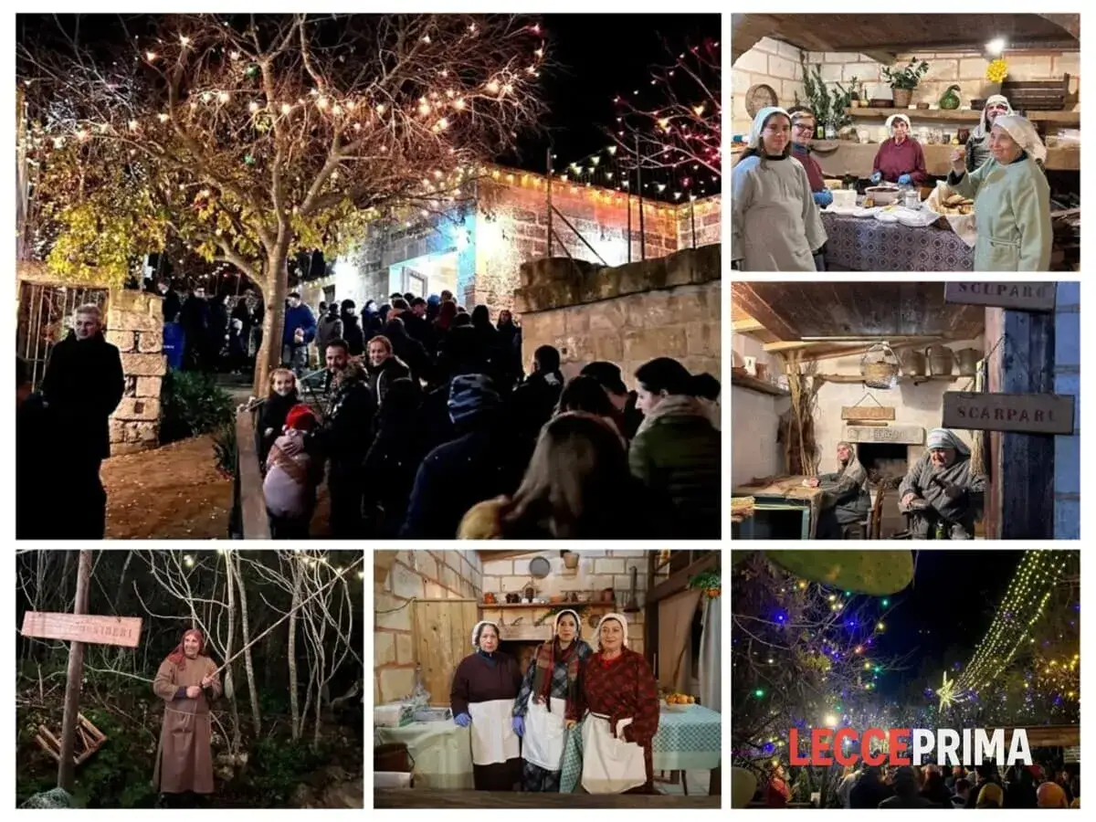 Scene del presepe vivente di San Donato di Lecce: persone in costume, bancarelle, luci natalizie e artigiani al lavoro.