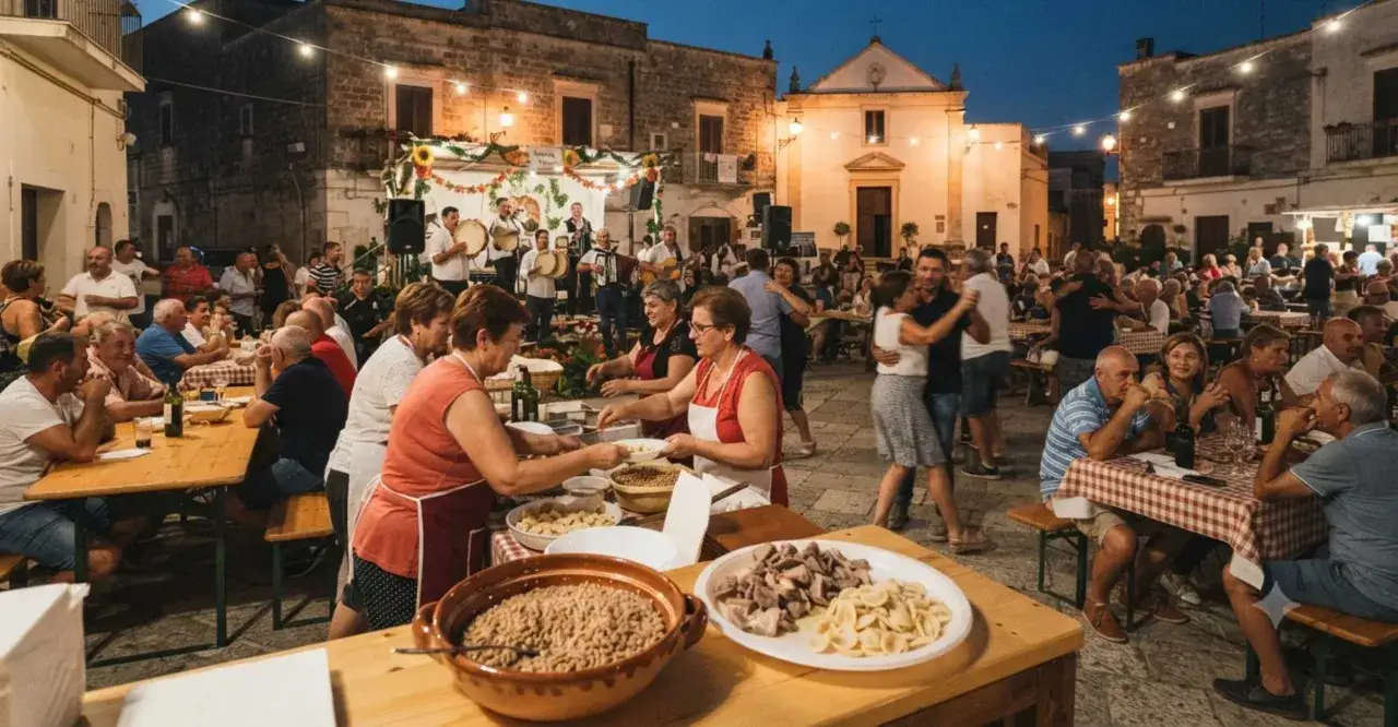 Serata di sagre nel Salento: gente balla e mangia all'aperto, con musica dal vivo e bancarelle di cibo.