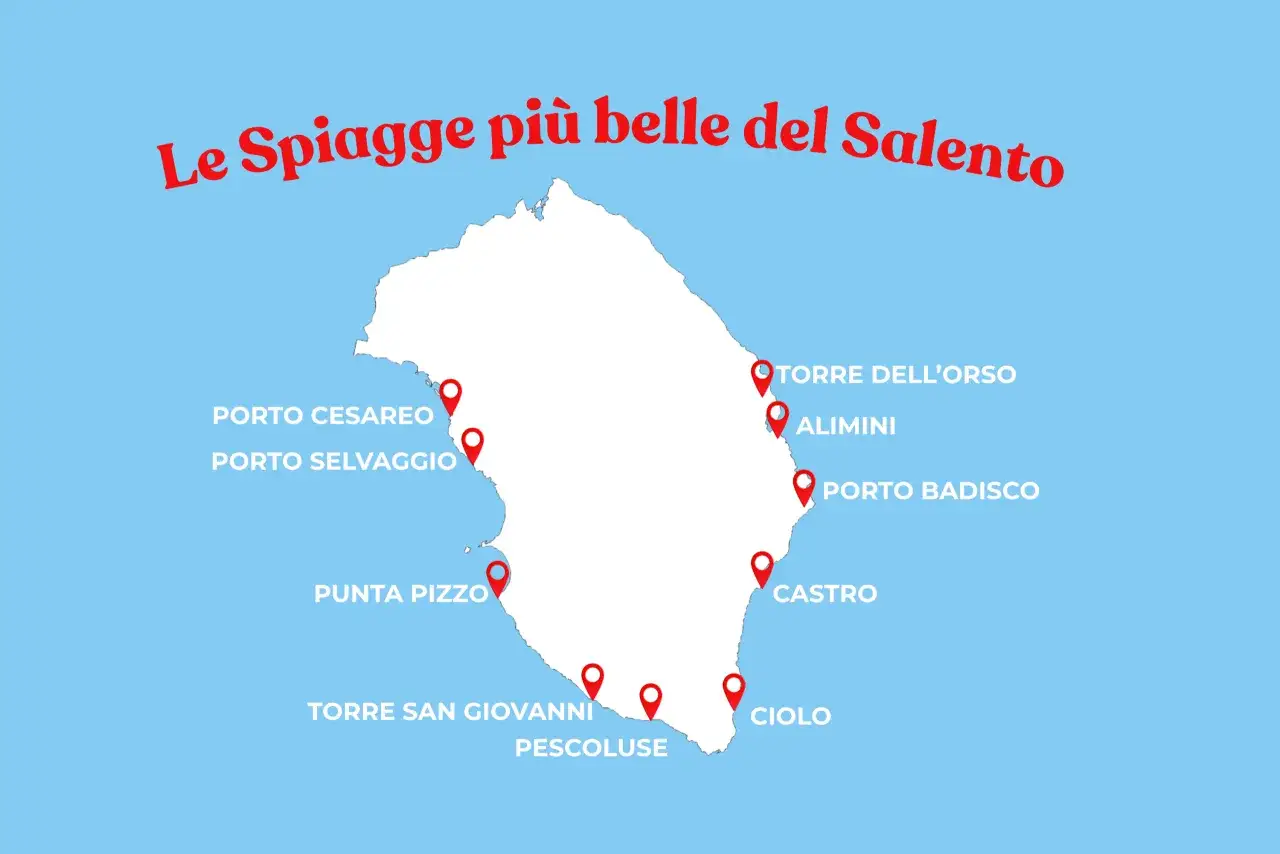 Mappa del Salento, Italia, con pin rossi che indicano le spiagge pi&ugrave; belle: Torre dell'Orso, Alimini, Porto Badisco, Castro, Ciolo, Pescoluse, Torre San Giovanni, Punta Pizzo, Porto Selvaggio, Porto Cesareo.