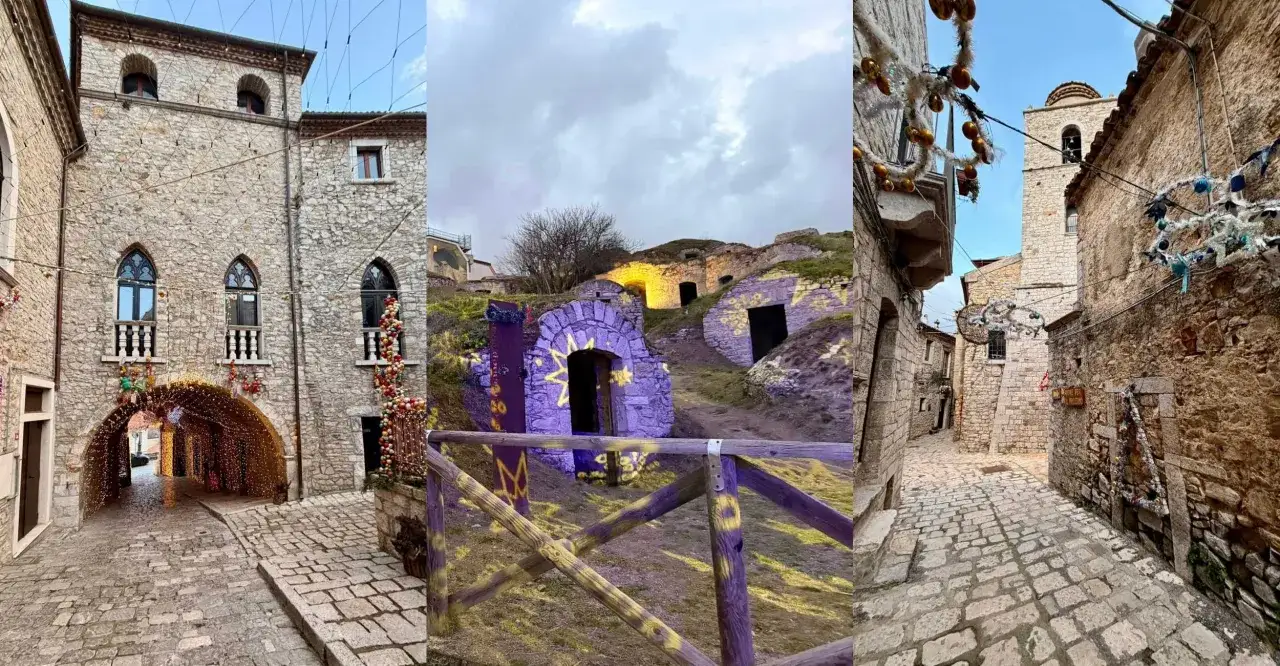 Borghi insoliti Puglia: vicoli in pietra illuminati da luci natalizie e antiche grotte decorate con proiezioni artistiche.