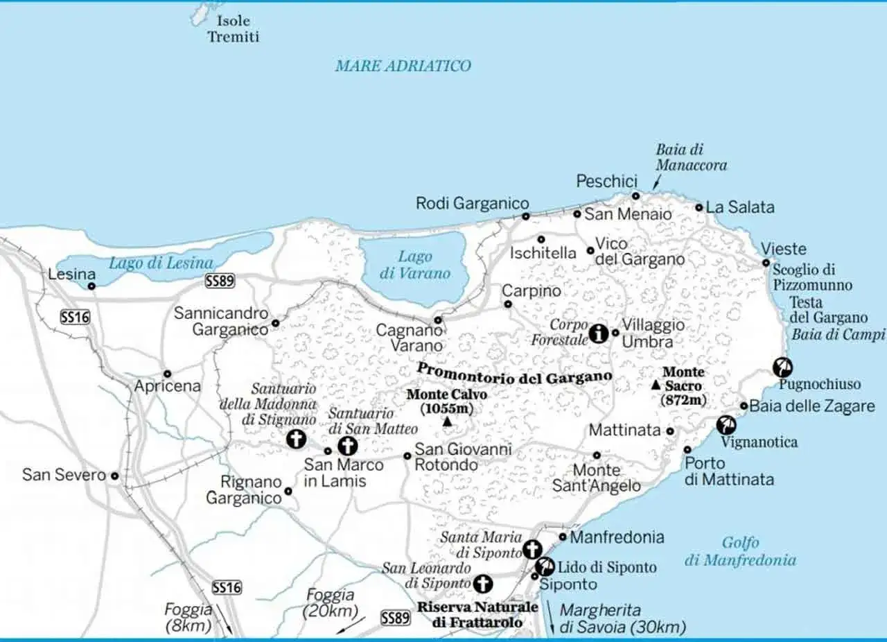 Mappa del Gargano: idee su dove andare in vacanza in Puglia, tra mare, laghi e santuari.
