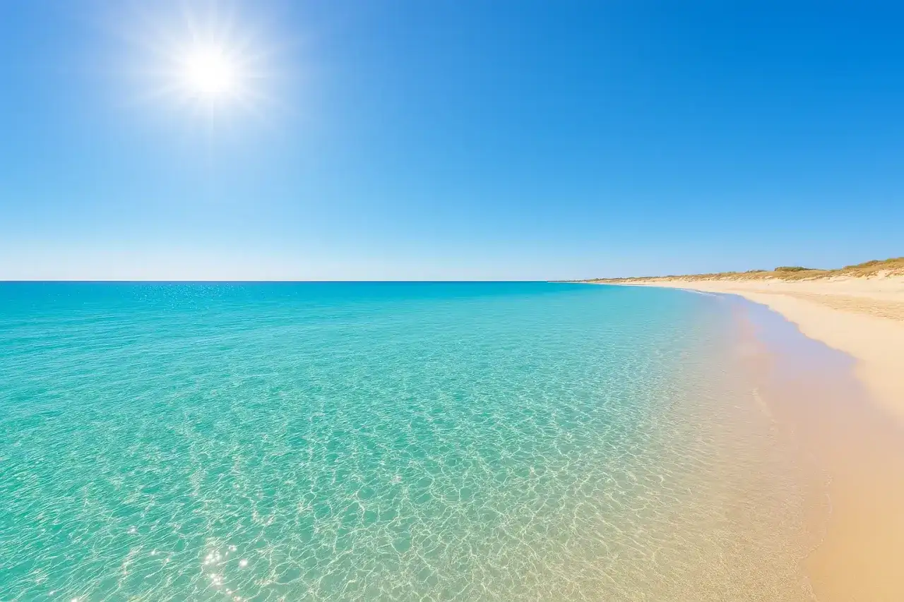 Sole splendente sul mare cristallino di Santa Maria di Leuca, con la sabbia dorata che si estende all'infinito.