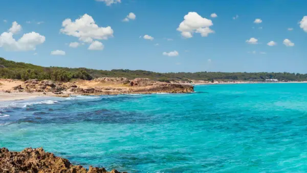 Acque cristalline e scogliere rocciose a Marina di Lecce, con una spiaggia sabbiosa e vegetazione mediterranea sullo sfondo sotto un cielo azzurro con nuvole bianche.