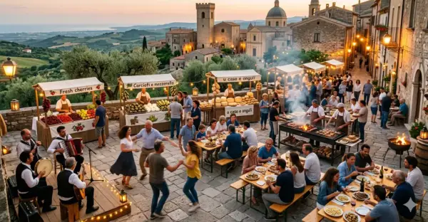 Festa in borgo medievale con musica, balli e bancarelle di prodotti tipici. Un'atmosfera che fa pensare a che feste ci sono a maggio.
