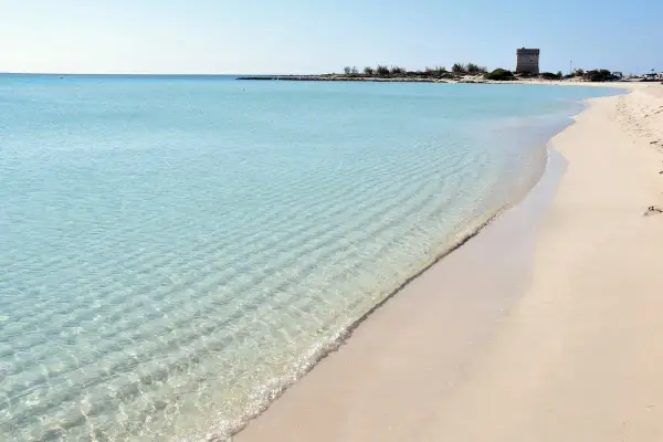 Turquoise water laps a sandy beach with a distant tower.