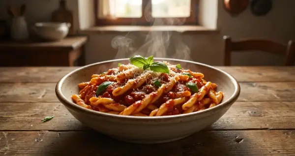 Un piatto fumante di pasta salentina, condita con sugo rosso e basilico fresco, su un tavolo di legno rustico.