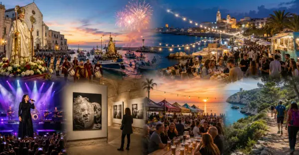 Un collage di immagini che cattura l'essenza delle sagre e feste in Puglia: processioni religiose, fuochi d'artificio sul mare, mercatini serali, concerti e gente che si gode la vita.