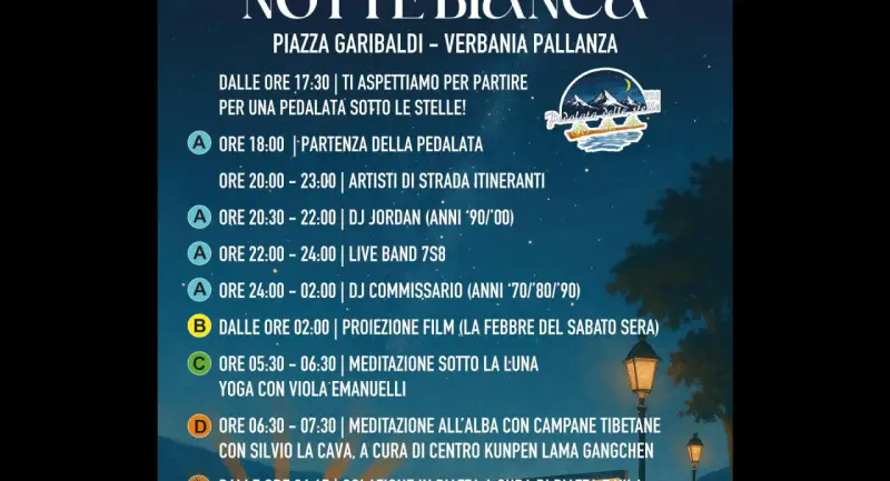 Programma Notte Bianca a Verbania: pedalata sotto le stelle, musica, film e meditazioni all'alba.